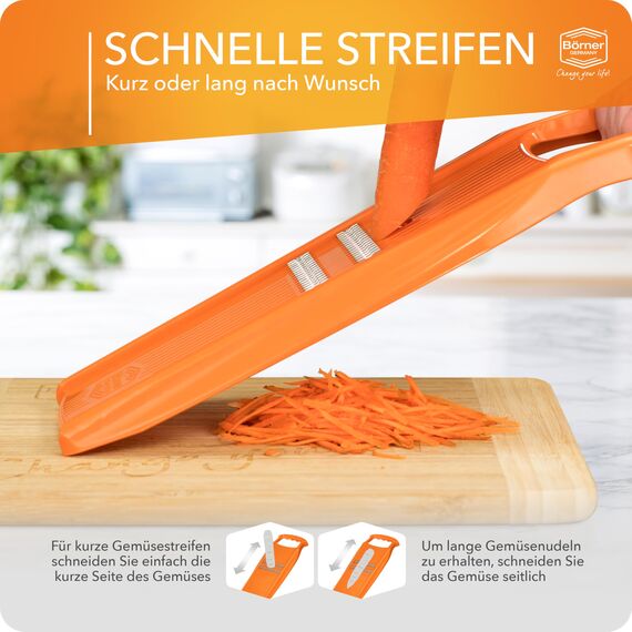 Börner Roko PowerLine Gemüseschneider • Streifenschneider für Obst & Gemüse • Julienne Schneider für feine Streifen • Gemüsehobel fein • Küchenhobel • Reibe (Orange)