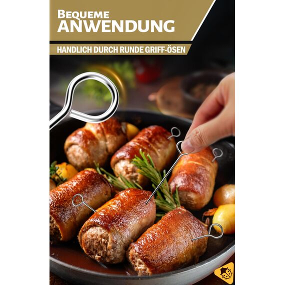 Menz Rouladennadeln, Rouladennadeln Edelstahl rostfrei, 10 cm lange Rouladenspieße mit Grifföse und scharfer Spitze als praktischer Ersatz für Rouladenklammern