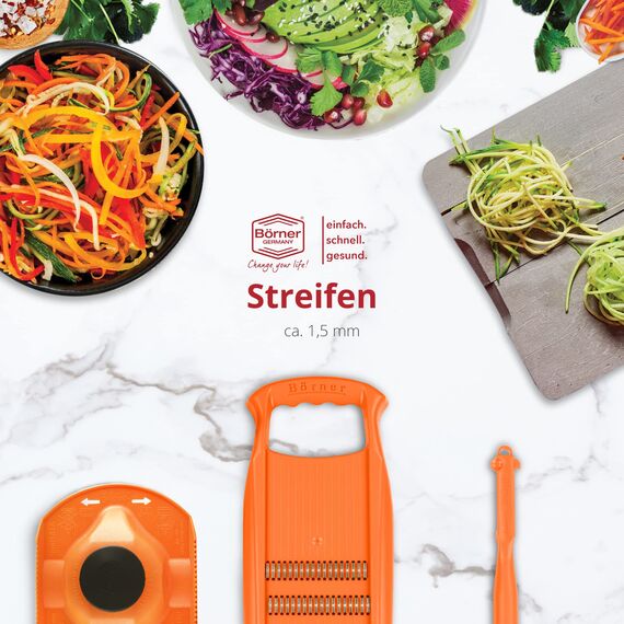 Börner Roko PowerLine Gemüseschneider Geschenk-Set (3-tlg.) • Feiner Streifenschneider für Obst & Gemüse + Fruchthalter + Kombischäler • Gemüsehobel • Küchenhobel Set • Farbe: Orange