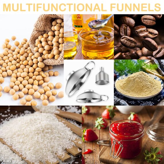 4 Stück Trichter Edelstahl Set, Marmeladentrichter, Einmachtrichter aus Edelstahl, Einfülltrichter mit Griff, zum Umfüllen von Gewürzen, Flüssigkeiten, Pulver, Bohnen, Konfitüre (3 Größen, 1 Bürste)