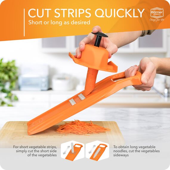 Börner Roko PowerLine Gemüseschneider Set mit Fruchthalter (2-tlg.) • Feiner Streifenschneider für Obst & Gemüse + Gemüsehalter • Julienne Schneider • Gemüsehobel Set • Farbe: Orange
