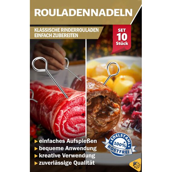 Menz Rouladennadeln, Rouladennadeln Edelstahl rostfrei, 10 cm lange Rouladenspieße mit Grifföse und scharfer Spitze als praktischer Ersatz für Rouladenklammern