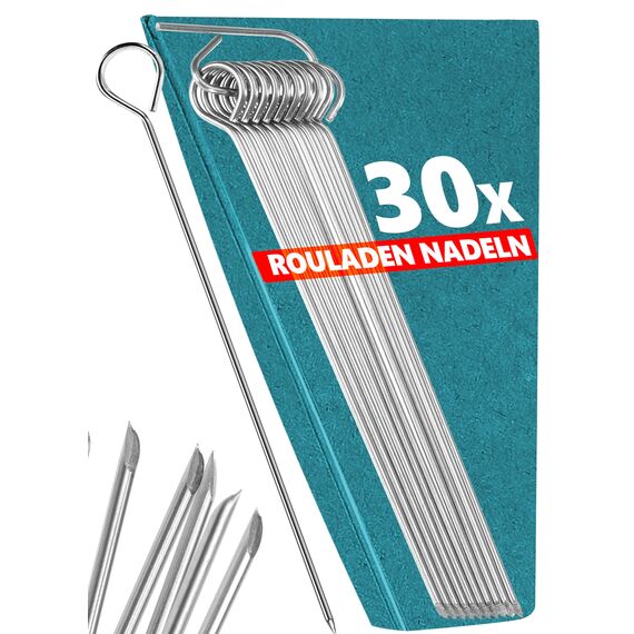 Menz Rouladennadeln, SET - 30 Stück Rouladennadeln Edelstahl rostfrei, 10 cm lange Rouladenspieße mit Grifföse und scharfer Spitze als praktischer Ersatz für Rouladenklammern