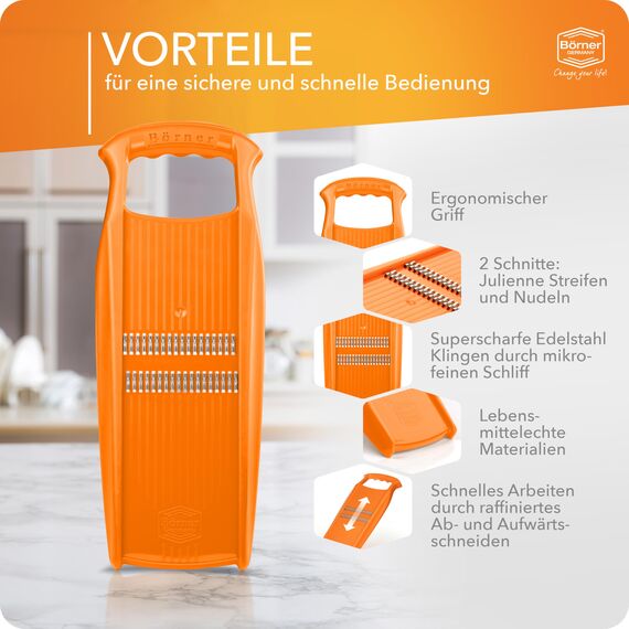 Börner Roko PowerLine Gemüseschneider • Streifenschneider für Obst & Gemüse • Julienne Schneider für feine Streifen • Gemüsehobel fein • Küchenhobel • Reibe (Orange)