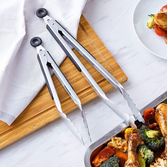 iNeibo Grillzange Edelstahl Hochwertige Küchenzange Mit Hitzebeständigem Silikongriff Und Sicherm Verschlusssystem 2er Set Zange Küche (23cm/31cm)