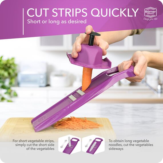 Börner Roko PowerLine Gemüseschneider Set mit Fruchthalter (2-tlg.) • Feiner Streifenschneider für Obst & Gemüse + Gemüsehalter • Julienne Schneider • Gemüsehobel Set • Farbe: Violett