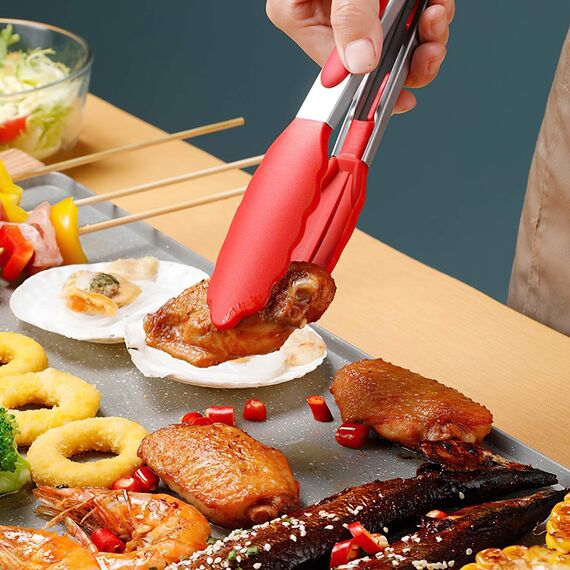 iNeibo Grillzange Küchenzange Zange Küche aus Rostfreim Edelstahl und Silikon Fleischzange Kochzange mit Hitzebeständigem Silikongriff 2er Set 30cm und 23cm Rot