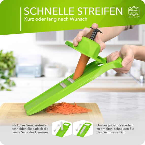 Börner Roko PowerLine Gemüseschneider Set mit Fruchthalter (2-tlg.) • Feiner Streifenschneider für Obst & Gemüse + Gemüsehalter • Julienne Schneider • Gemüsehobel Set • Farbe: Grün