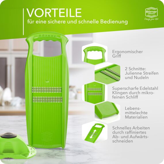 Börner Roko PowerLine Gemüseschneider Set mit Fruchthalter (2-tlg.) • Feiner Streifenschneider für Obst & Gemüse + Gemüsehalter • Julienne Schneider • Gemüsehobel Set • Farbe: Grün