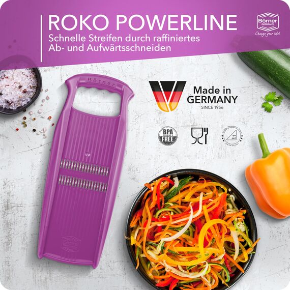 Börner Roko PowerLine Gemüseschneider • Streifenschneider für Obst & Gemüse • Julienne Schneider für feine Streifen • Gemüsehobel fein • Küchenhobel • Reibe (Violett)