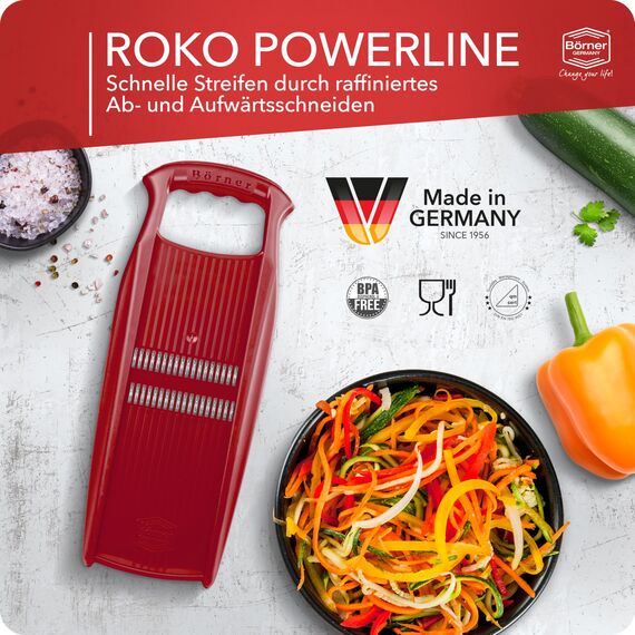 Börner Roko PowerLine Gemüseschneider Set mit Fruchthalter (2-tlg.) • Feiner Streifenschneider für Obst & Gemüse + Gemüsehalter • Julienne Schneider • Gemüsehobel Set • Farbe: Rot