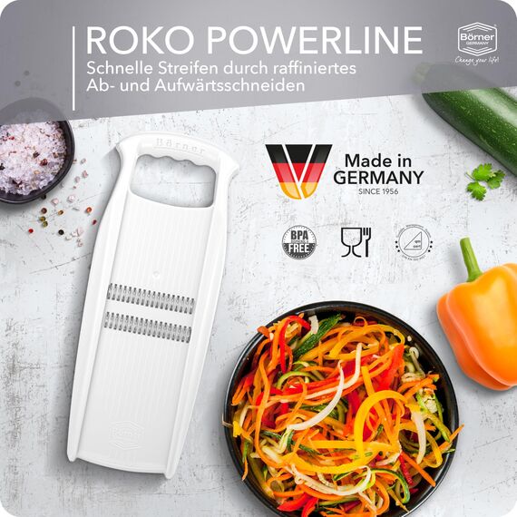 Börner Roko PowerLine Gemüseschneider Set mit Fruchthalter (2-tlg.) • Feiner Streifenschneider für Obst & Gemüse + Gemüsehalter • Julienne Schneider • Gemüsehobel Set • Farbe: Weiß