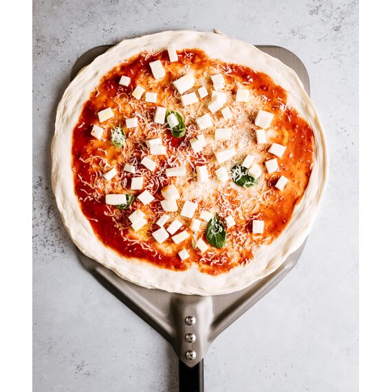 AMZBBQ® Premium Pizzaschieber - 35 x 35 x 71 cm Perforierte Pizzaschaufel aus Harteloxiertem Aluminium zum Leichten Gleiten auf Pizzastein - Grill Zubehör Geschenk für Männer