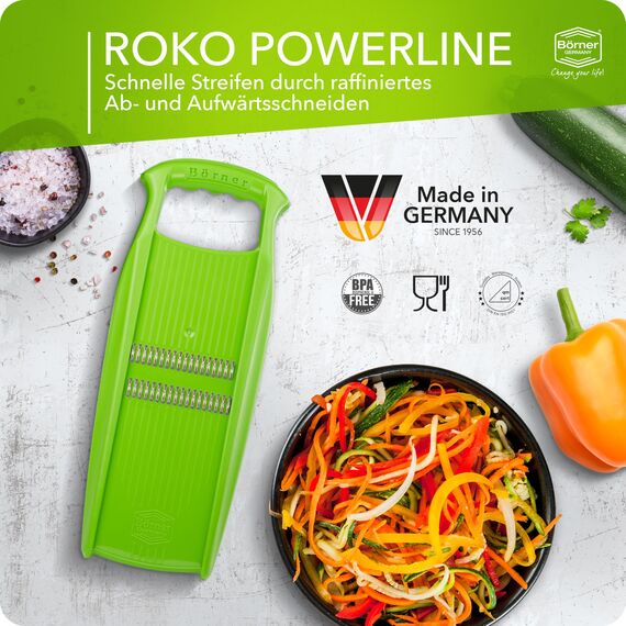 Börner Roko PowerLine Gemüseschneider Set mit Fruchthalter (2-tlg.) • Feiner Streifenschneider für Obst & Gemüse + Gemüsehalter • Julienne Schneider • Gemüsehobel Set • Farbe: Grün