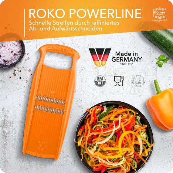 Börner Roko PowerLine Gemüseschneider • Streifenschneider für Obst & Gemüse • Julienne Schneider für feine Streifen • Gemüsehobel fein • Küchenhobel • Reibe (Orange)