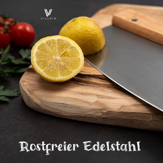 Villkin Pizzamesser mit 32cm Klinge - Scharfer Pizzaschneider aus Edelstahl mit Holzgriff - Großes Wiegemesser effektiver als Pizzaroller (Groß)