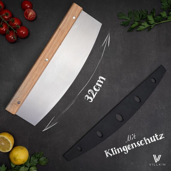 Villkin Pizzamesser mit 32cm Klinge - Scharfer Pizzaschneider aus Edelstahl mit Holzgriff - Großes Wiegemesser effektiver als Pizzaroller (Groß)