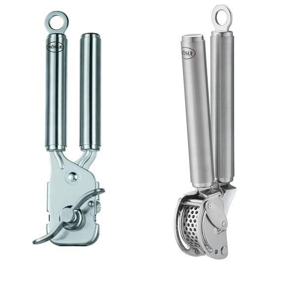RÖSLE Knoblauchpresse mit Abstreifer, Spülmaschinengeeignet & Zangen-Dosenöffner, Hochwertiger Dosenöffner aus reinem Edelstahl, ohne scharfe Kanten, wiederverschließbarer Deckel, Edelstahl 18/10