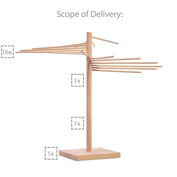 Sänger | Pastatrockner aus Holz, Nudeltrockner, Nudelständer zum Trocknen, Gesamthöhe 50cm, mit 16 abnehmbaren Armen, inkl. Booklet „Pasta Pasta“ mit 10 exklusiven Pastarezepten