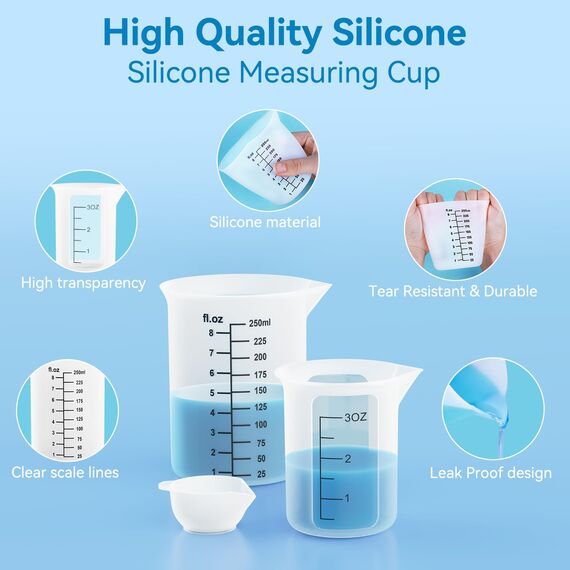 Silikon Messbecher set für Harz, klare 2 Skalen 250 & 100ml Messbecher, Silikon Mischpaddel & Rührstäbchen, wiederverwendbares und leicht zu reinigen Epoxidharz zubehör zum Harzmischen, Formen