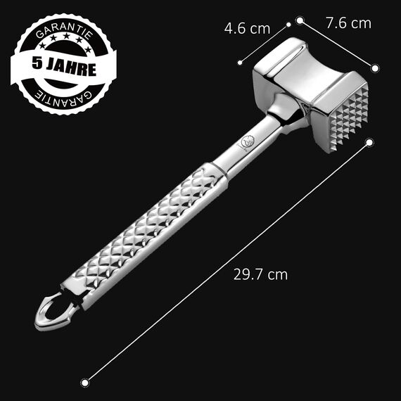 Fleischklopfer Edelstahl spülmaschinenfest - Original Design - Doppelseitiger Schnitzelklopfer ideal für Schnitzel, Koteletts, Steaks - Fleischhammer mit 5 Jahre Garantie