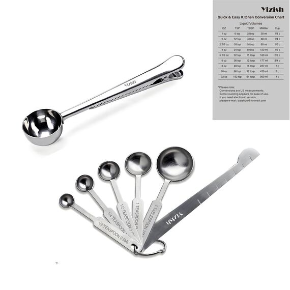 Yizish 304 Edelstahl Messlöffel mit Messlineal, Scoop mit Clip, Küchenumrechnungstabelle 8er Set zum Backen und Kochen