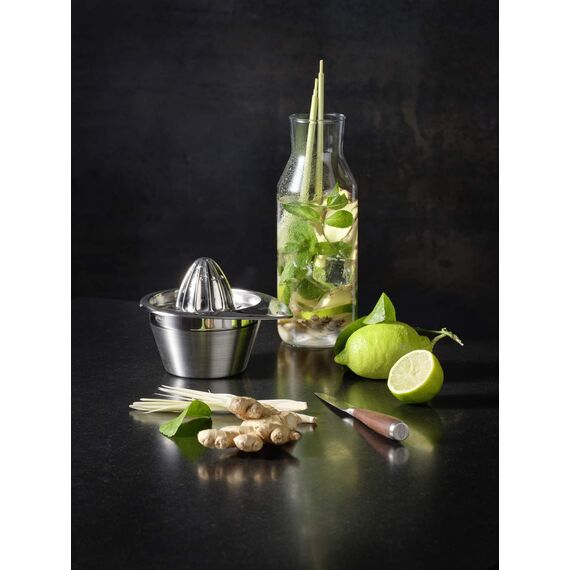 RÖSLE Zitronenpresse, Hochwertige Presse für Zitrusfrüchte wie Zitronen, Limetten und Orangen mit extra großem Auffangbehälter, Edelstahl 18/10, spülmaschinengeeignet, Silber