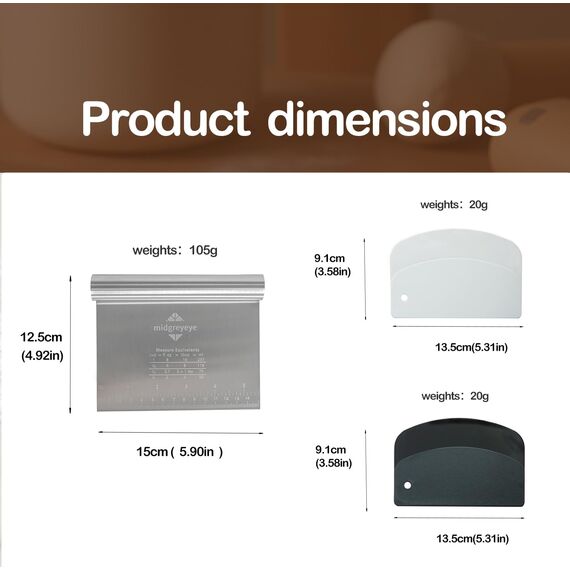 Midgreyeye Teigkarte Set, 4 Stücke Edelstahl Teigschneider Mit Messskala Kunststoff Teigschaber Teigkarte Teigspachtel Schaber Küche Für Kuchen, Cake,Pizza, Torte, Dough(15 * 12,5+13.5 * 9,1cm)