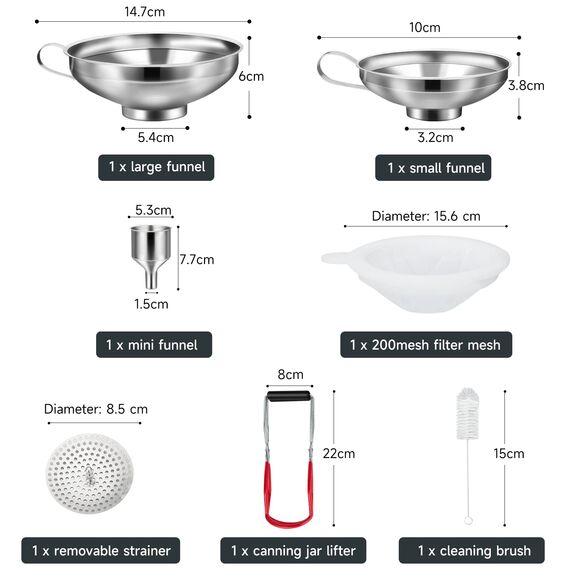 HAUSPROFI Edelstahl Trichterset 7-teilig mit Einmachgläser Heber & Filter - 3 Größen Küchentrichter Set für Marmelade, Einmachen, Öl, Gewürze - Spülmaschinenfest