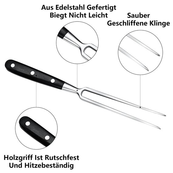 Fleischgabel,Fleischgabel Edelstahl Grillgabel mit Holzgriff 30cm Tranchiergabel Gerade Unbeugsam Bratengabel 16cm Klingenlänge Grillgabeln Hart Rostfreier Fleischgabel Groß mit Schwarz Holzgriff