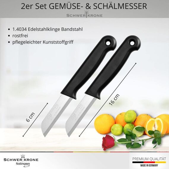 Schwertkrone® Schälmesser 2er Set [MADE IN SOLINGEN - GERMANY] - Gemüsemesser Obstmesser - Küchenmesser klein scharf - Schneidemesser Kartoffelschälmesser - Allzweckmesser (2x schwarz - 6cm Klinge)