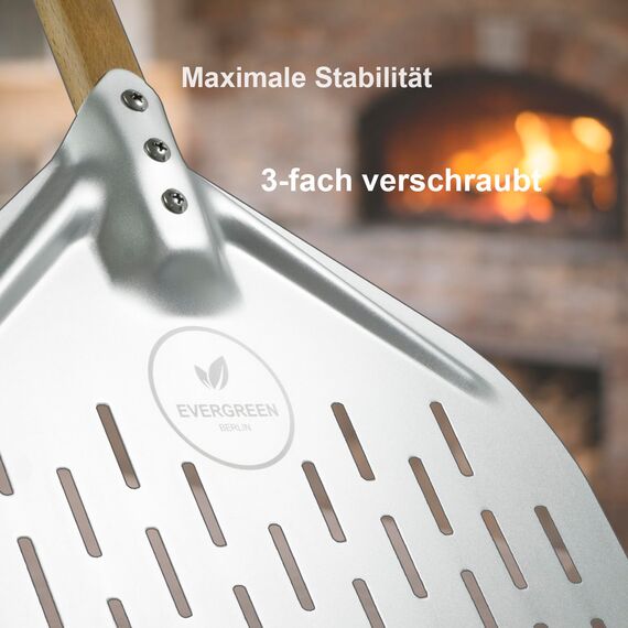 EVERGREEN BERLIN® - Pizzaschieber - DAS ORIGINAL - Pizzaschieber perforiert - Pizzaheber aus Alu und Buchenholz - Pizzaschaufel perforiert für Pizza Passion - Pizzawender - Pizza Schieber - Pizza Peel