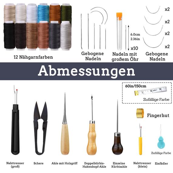Leder-Nähset, Polsterreparaturset, 48-teiliges Hochleistungs-Nähset mit Nähnadeln, Nähahle, Nahttrenner, Nähgarn für Reparaturen, Handnähen, DIY-Lederhandwerk