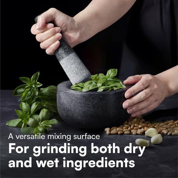 H&S Mörser mit Stößel Set für Gewürze - 16cm XXL aus Granit für Gewürze & Kräuter – Großes Set – Küchenutensilien - Mortar and Pestle