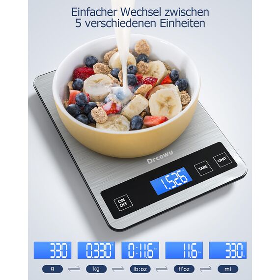 Drcowu Küchenwaage Digitale 15 kg, Küchenwaage Digital Wasserdicht mit LCD-Anzeige, Multifunktions-Lebensmittelwaage, Hohe Präzision auf bis zu 1g, Tara-Funktion, Touch-Taste, Großer Edelstahl-Panel