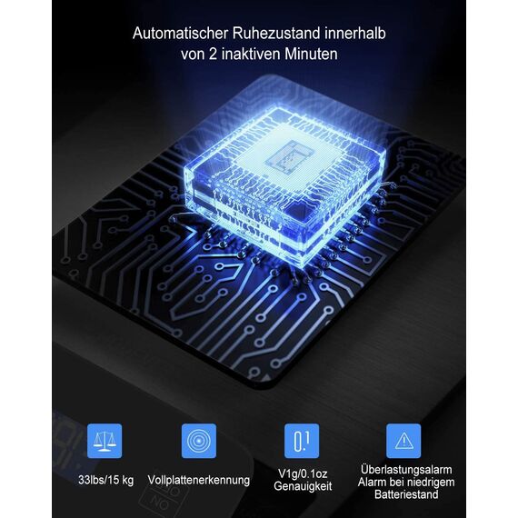 Drcowu Küchenwaage Digitale 15 kg, Küchenwaage Digital Wasserdicht mit LCD-Anzeige, Multifunktions-Lebensmittelwaage, Hohe Präzision auf bis zu 1g, Tara-Funktion, Touch-Taste, Großer Edelstahl-Panel