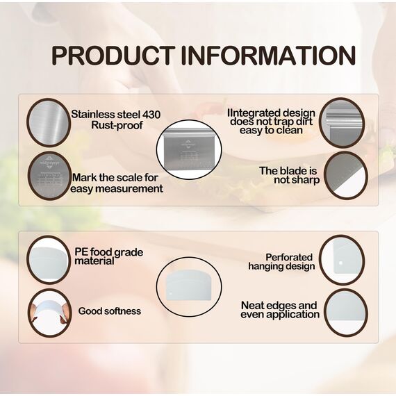 Midgreyeye Teigkarte Set, 3 Stücke Edelstahl Teigschneider Mit Messskala Kunststoff Teigschaber Teigkarte Teigspachtel Schaber Küche Für Kuchen, Cake,Pizza, Torte, Dough(15 * 12,5+13.5 * 9,1cm)