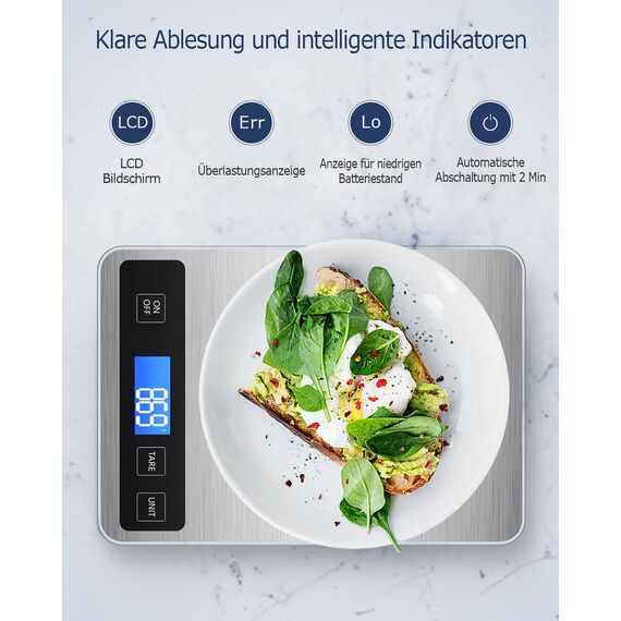 Drcowu Küchenwaage Digitale 15 kg, Küchenwaage Digital Wasserdicht mit LCD-Anzeige, Multifunktions-Lebensmittelwaage, Hohe Präzision auf bis zu 1g, Tara-Funktion, Touch-Taste, Großer Edelstahl-Panel