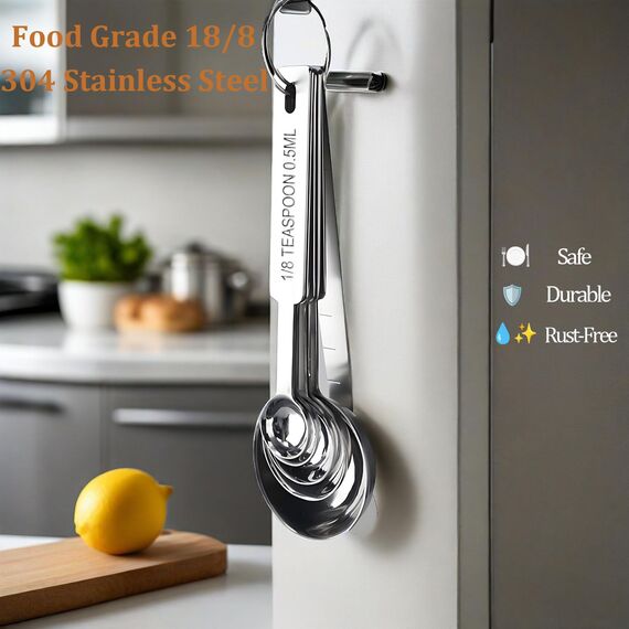 Yizish 304 Edelstahl Messlöffel mit Messlineal, Scoop mit Clip, Küchenumrechnungstabelle 8er Set zum Backen und Kochen