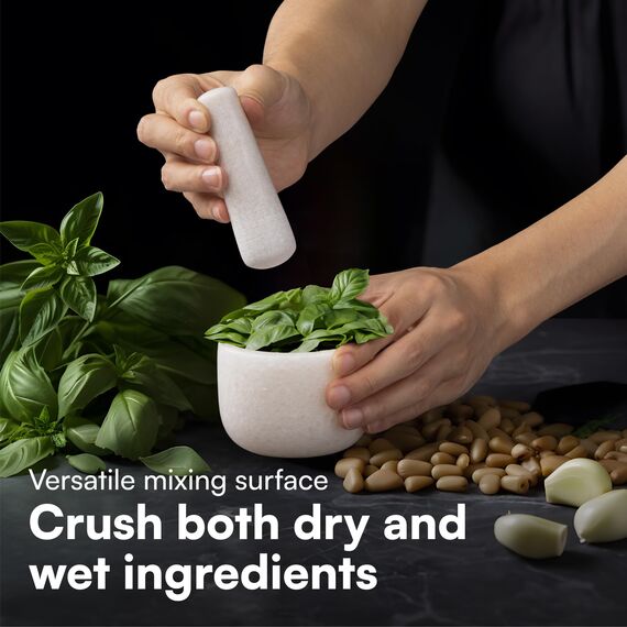 H&S Mörser mit Stößel aus Marmor klein - ⌀ 8,5 cm - Stabiler Tablettenmörser - Schützt Arbeitsplatten - Einfache Reinigung - Zum Mahlen von Gewürzen Nüssen Medikamenten