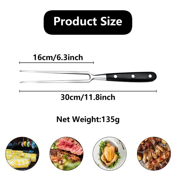 Fleischgabel,Fleischgabel Edelstahl Grillgabel mit Holzgriff 30cm Tranchiergabel Gerade Unbeugsam Bratengabel 16cm Klingenlänge Grillgabeln Hart Rostfreier Fleischgabel Groß mit Schwarz Holzgriff