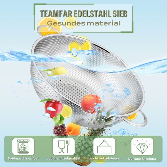 TEAMFAR Sieb, Edelstahl Küche Nudelsieb Abtropfsieb mit Griffen, Micro-Perforierte Seiher Küchensieb für Nudel Gemüse Obst, Doppelgriff, Spülmaschinenfest, 28cm
