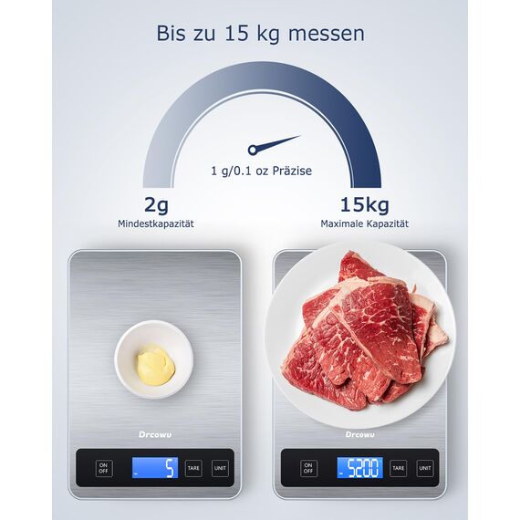 Drcowu Küchenwaage Digitale 15 kg, Küchenwaage Digital Wasserdicht mit LCD-Anzeige, Multifunktions-Lebensmittelwaage, Hohe Präzision auf bis zu 1g, Tara-Funktion, Touch-Taste, Großer Edelstahl-Panel