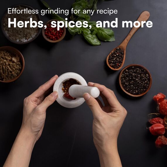 H&S Mörser mit Stößel aus Marmor klein - ⌀ 8,5 cm - Stabiler Tablettenmörser - Schützt Arbeitsplatten - Einfache Reinigung - Zum Mahlen von Gewürzen Nüssen Medikamenten