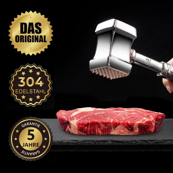 Fleischklopfer Edelstahl spülmaschinenfest - Original Design - Doppelseitiger Schnitzelklopfer ideal für Schnitzel, Koteletts, Steaks - Fleischhammer mit 5 Jahre Garantie
