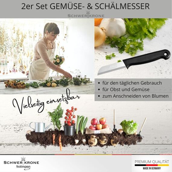 Schwertkrone® Schälmesser 2er Set [MADE IN SOLINGEN - GERMANY] - Gemüsemesser Obstmesser - Küchenmesser klein scharf - Schneidemesser Kartoffelschälmesser - Allzweckmesser (2x schwarz - 6cm Klinge)