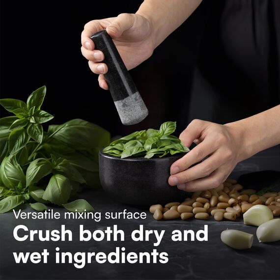 H&S Mörser mit Stößel aus Granit - ⌀ 12 cm - Stabiler Tablettenmörser - Schützt Arbeitsplatten - Einfache Reinigung und Pflege - Ideal zum Mahlen von Gewürzen Nüssen Medikamenten