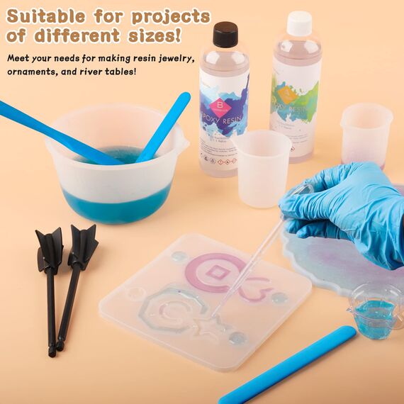 Silikon Messbecher Epoxidharz, 600&100ml Mischbecher, Rührstäbchen, Silikonspatel, Mischpaddel, Dosierbecher, Pipetten, Handschuhe von Epoxidharz, Schmuckherstellung,leicht zu reinigen