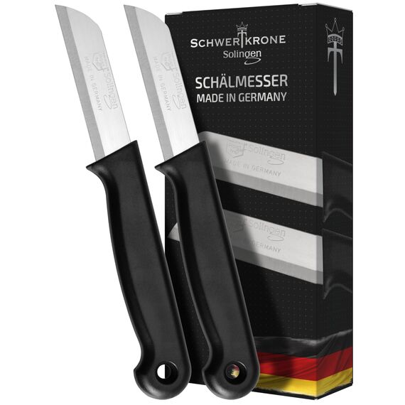 Schwertkrone® Schälmesser 2er Set [MADE IN SOLINGEN - GERMANY] - Gemüsemesser Obstmesser - Küchenmesser klein scharf - Schneidemesser Kartoffelschälmesser - Allzweckmesser (2x schwarz - 6cm Klinge)