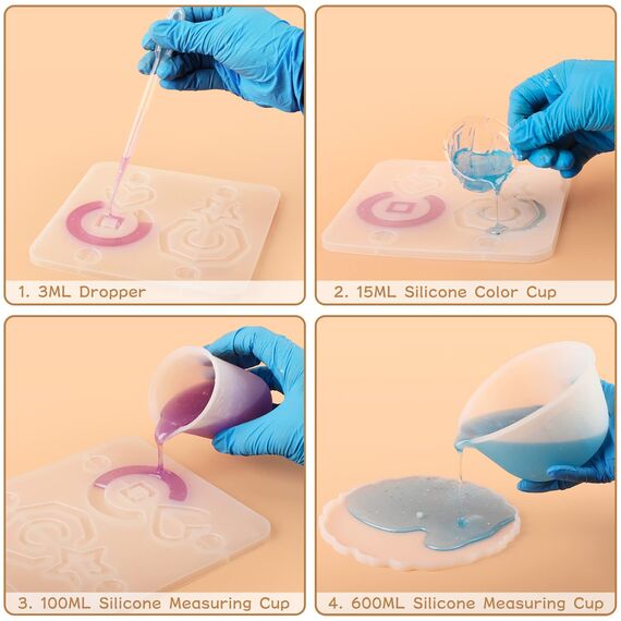 Silikon Messbecher Epoxidharz, 600&100ml Mischbecher, Rührstäbchen, Silikonspatel, Mischpaddel, Dosierbecher, Pipetten, Handschuhe von Epoxidharz, Schmuckherstellung,leicht zu reinigen